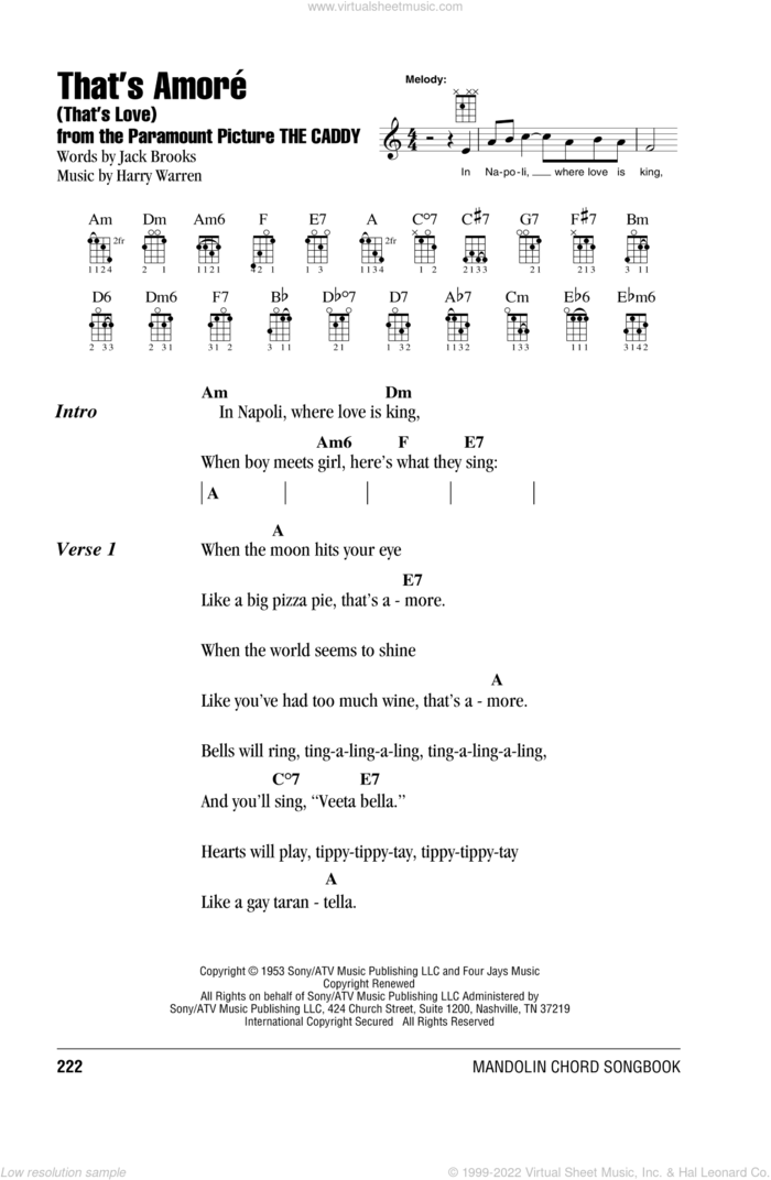 That's Amore (That's Love) sheet music for mandolin (chords only) by Harry Warren, Dean Martin and Jack Brooks, intermediate skill level