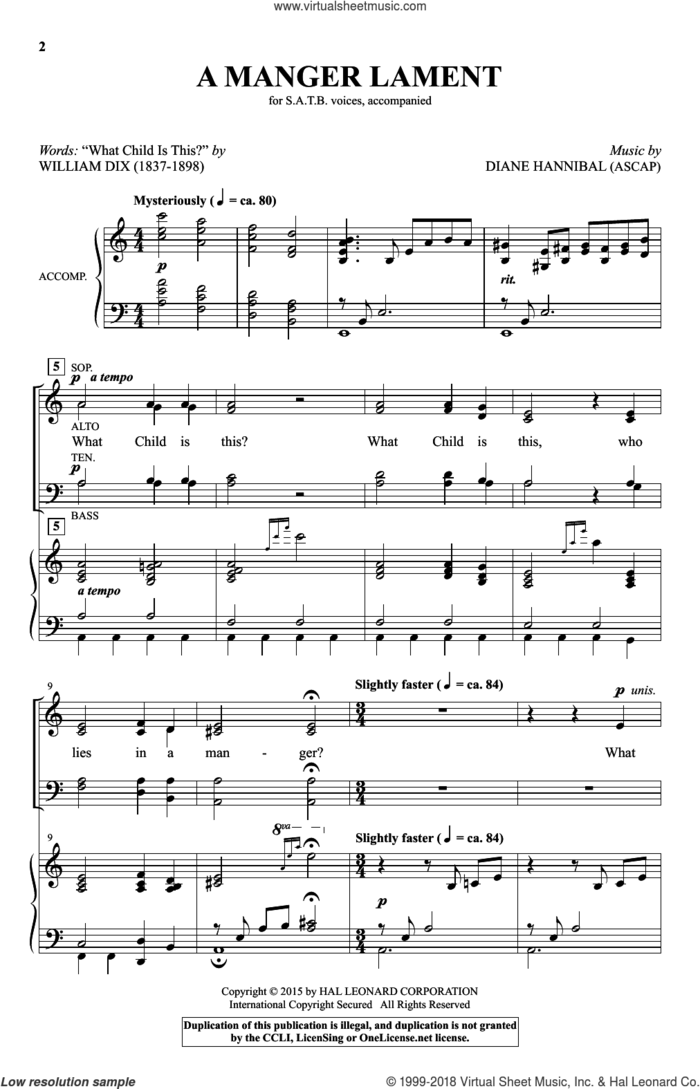 A Manger Lament sheet music for choir (SATB: soprano, alto, tenor, bass) by Diane Hannibal and William Dix, intermediate skill level