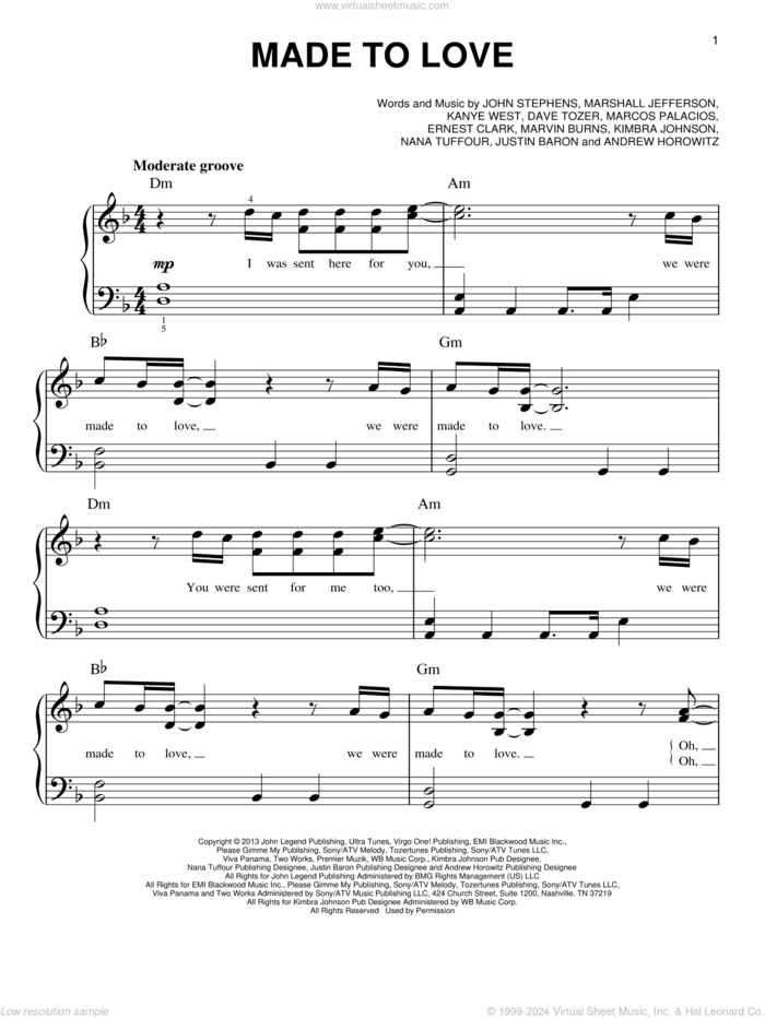 Made To Love, (easy) sheet music for piano solo by John Legend, Andrew Horowitz, Dave Tozer, Ernest Clark, John Stephens, Justin Baron, Kanye West, Kimbra Johnson, Marcos Palacios, Marshall Jefferson, Marvin Burns and Nana Tuffour, easy skill level