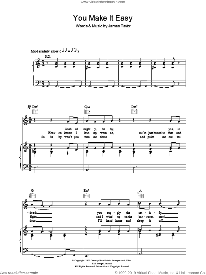 You Make It Easy sheet music for voice, piano or guitar by James Taylor, intermediate skill level