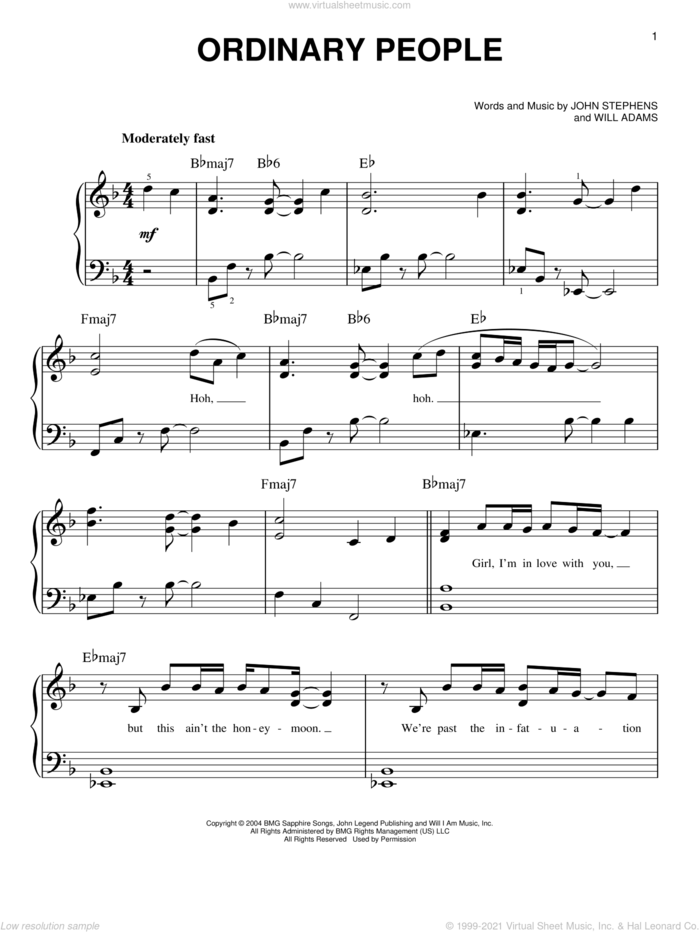 Ordinary People, (easy) sheet music for piano solo by John Legend, John Stephens and Will Adams, easy skill level