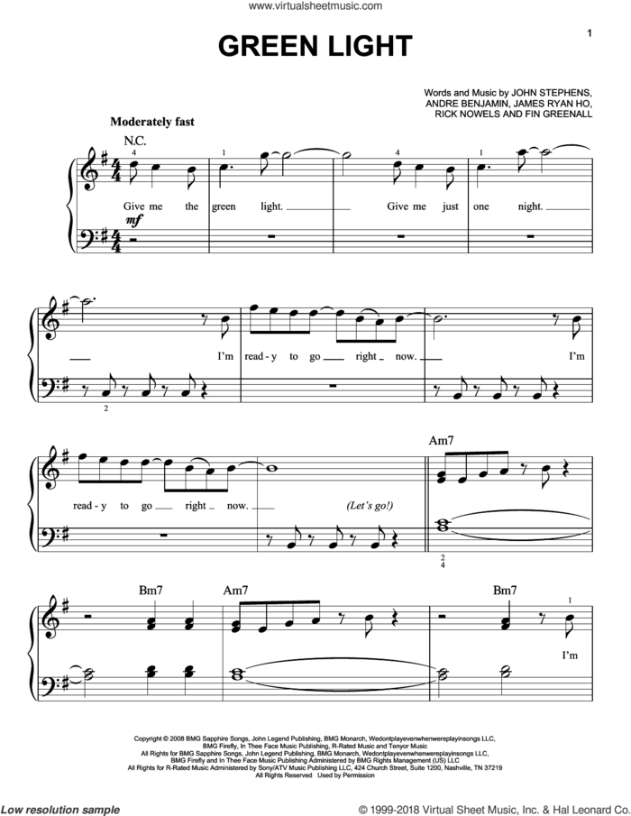 Green Light sheet music for piano solo by John Legend featuring Andre 3000, Andre Benjamin, Andre Benjamin, Fin Greenall, James Ryan Ho, John Stephens and Rick Nowels, easy skill level