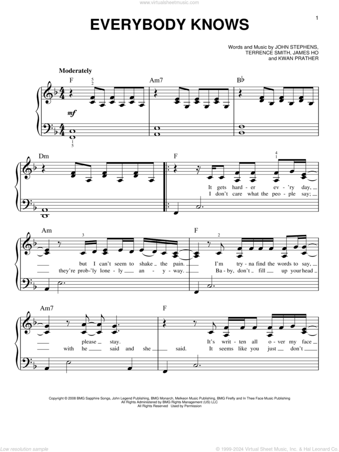 Everybody Knows sheet music for piano solo by John Legend, James Ho, John Stephens, Kawan Prather and Terrence Smith, easy skill level