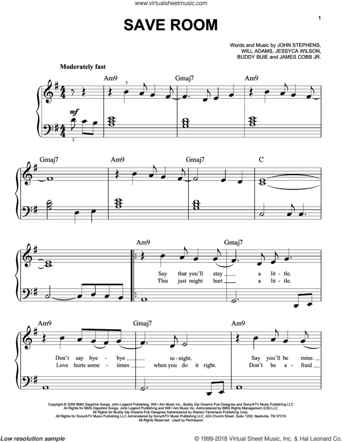 Save Room sheet music for piano solo by John Legend, Buddy Buie, James Cobb Jr., Jessica Wilson, John Stephens and Will Adams, easy skill level