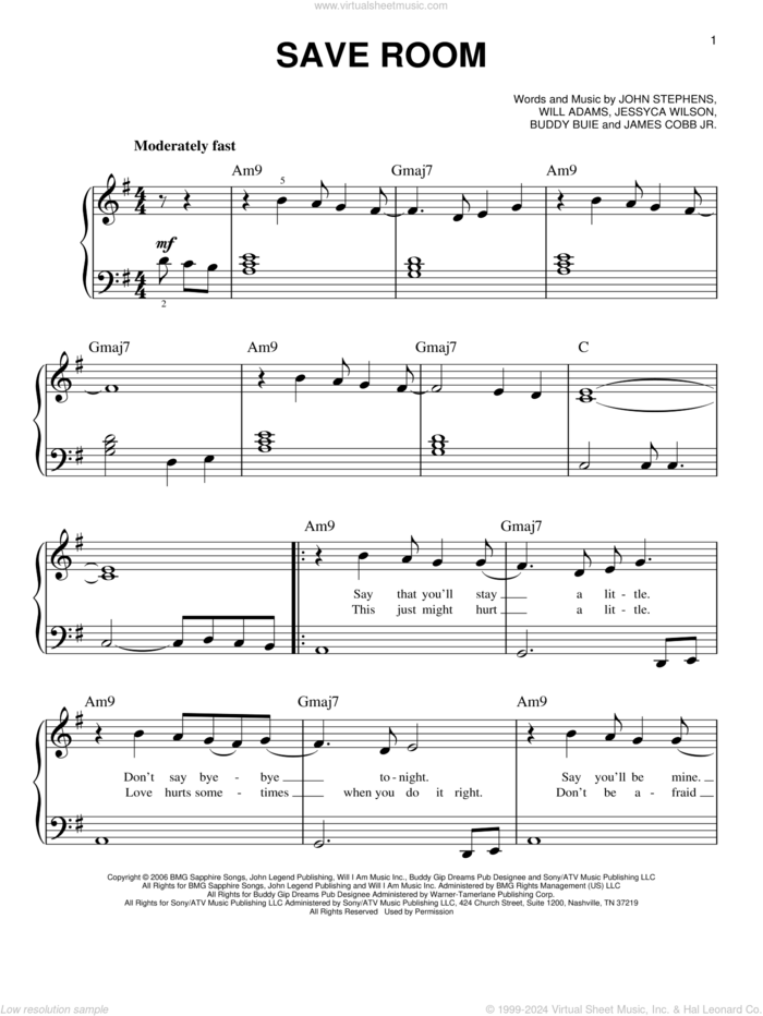 Save Room, (easy) sheet music for piano solo by John Legend, Buddy Buie, James Cobb Jr., Jessica Wilson, John Stephens and Will Adams, easy skill level