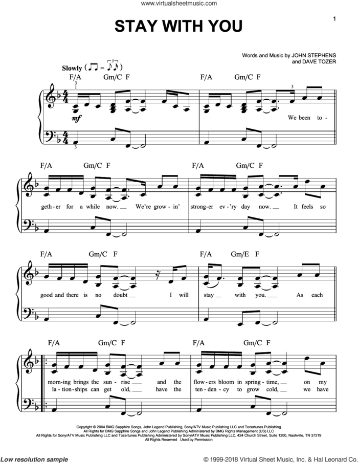Stay With You, (easy) sheet music for piano solo by John Legend, Dave Tozer and John Stephens, wedding score, easy skill level