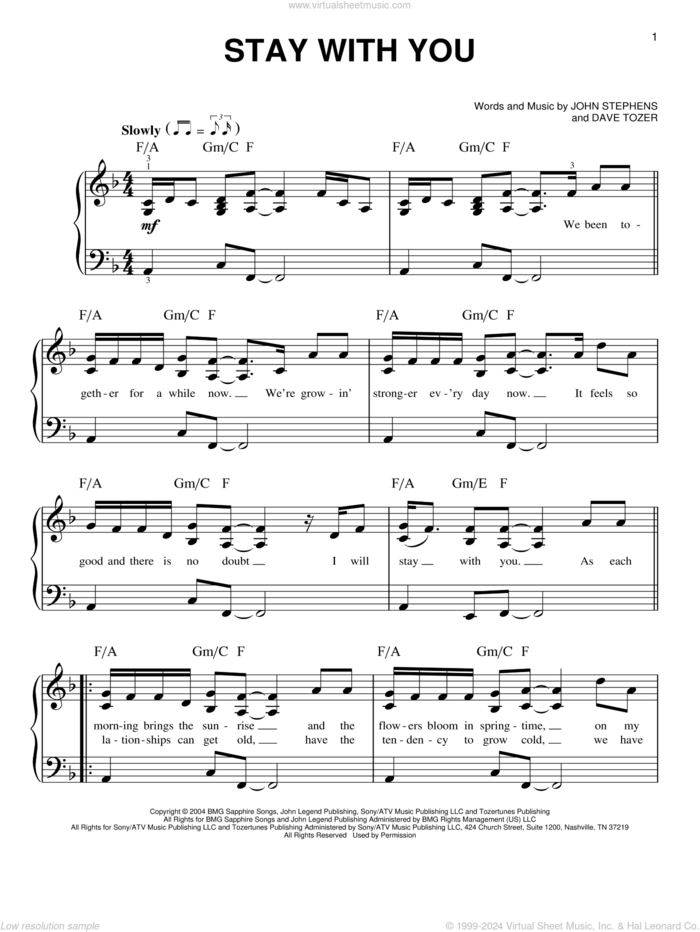 Stay With You, (easy) sheet music for piano solo by John Legend, Dave Tozer and John Stephens, wedding score, easy skill level