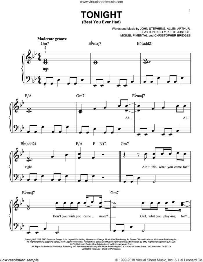 Tonight (Best You Ever Had) sheet music for piano solo by John Legend, Allen Arthur, Christopher Bridges, Clayton Reilly, John Stephens, Keith Justice and Miguel Pimental, easy skill level