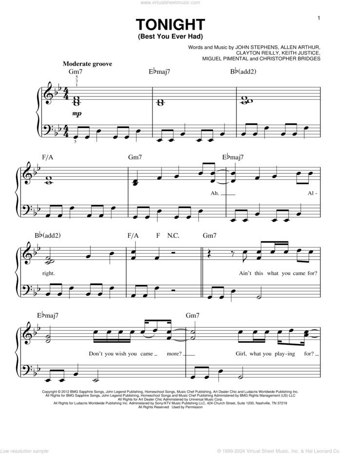 Tonight (Best You Ever Had) sheet music for piano solo by John Legend, Allen Arthur, Christopher Bridges, Clayton Reilly, John Stephens, Keith Justice and Miguel Pimental, easy skill level