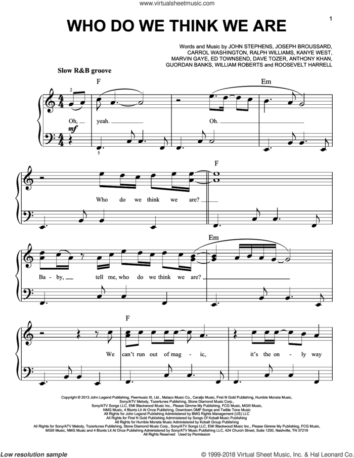 Who Do We Think We Are sheet music for piano solo by John Legend, Anthony Khan, Carrol Washington, Dave Tozer, Ed Townsend, Guordan Banks, John Stephens, Joseph Broussard, Kanye West, Marvin Gaye, Ralph Vaughan Williams, Roosevelt Harrell and William Roberts, easy skill level