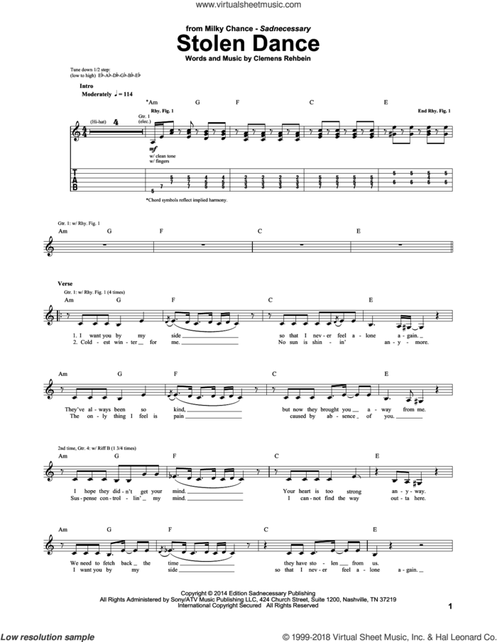 Stolen Dance sheet music for guitar (tablature) by Milky Chance and Clemens Rehbein, intermediate skill level