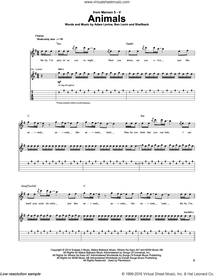 Animals sheet music for guitar (tablature) by Maroon 5, Adam Levine, Benjamin Levin and Shellback, intermediate skill level