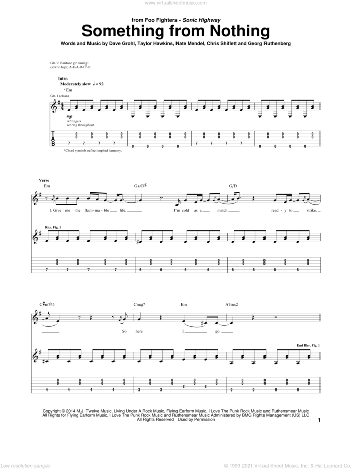 Something From Nothing sheet music for guitar (tablature) by Foo Fighters, Chris Shiflett, Dave Grohl, Georg Ruthenberg, Nate Mendel and Taylor Hawkins, intermediate skill level