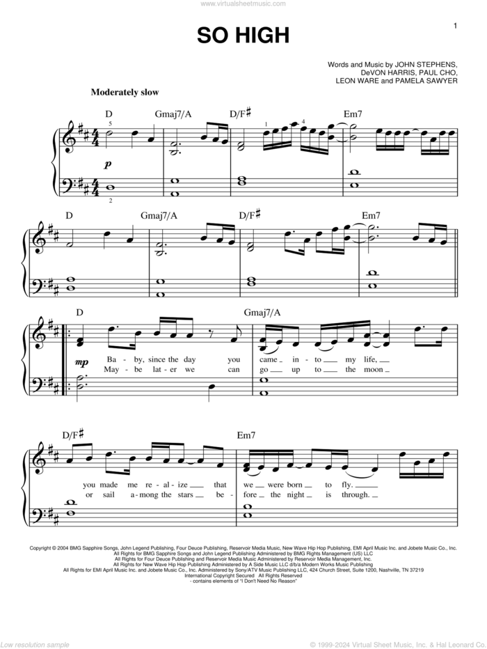 So High, (easy) sheet music for piano solo by John Legend, DeVon Harris, John Stephens, Leon Ware, Pamela Sawyer and Paul Cho, easy skill level