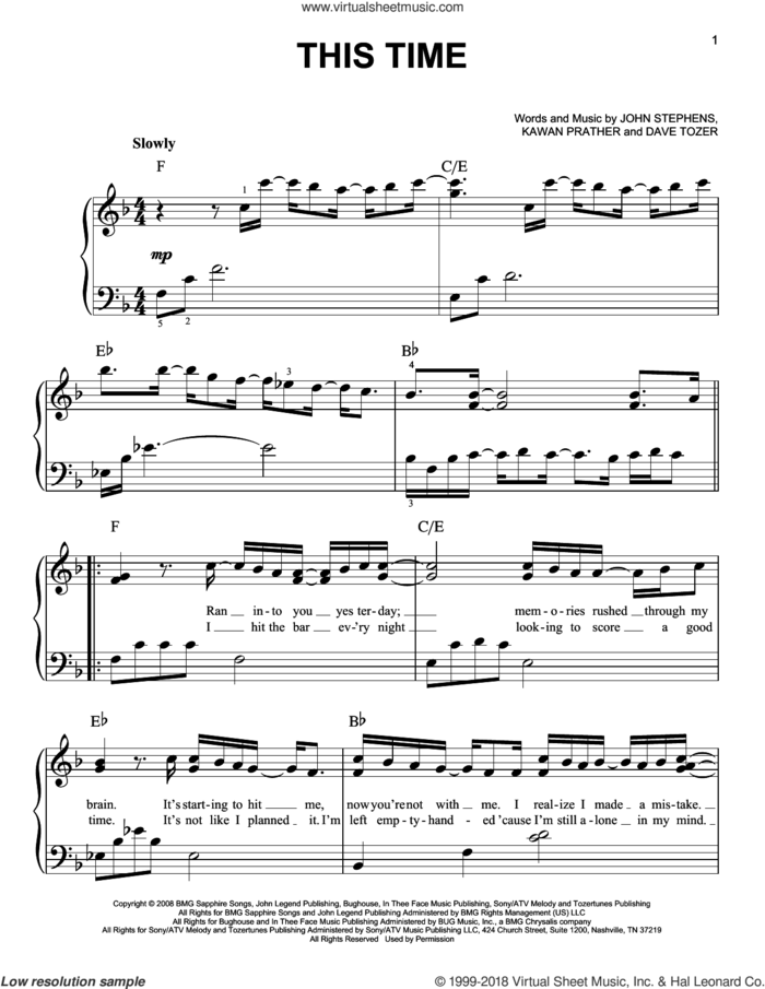 This Time sheet music for piano solo by John Legend, Dave Tozer, John Stephens and Kawan Prather, easy skill level