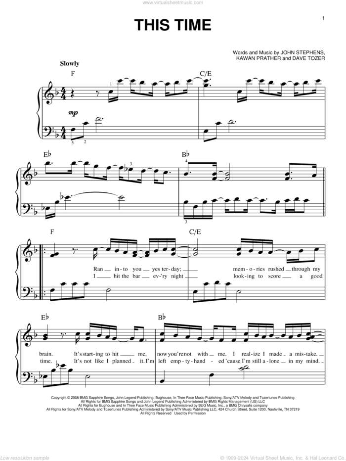 This Time sheet music for piano solo by John Legend, Dave Tozer, John Stephens and Kawan Prather, easy skill level