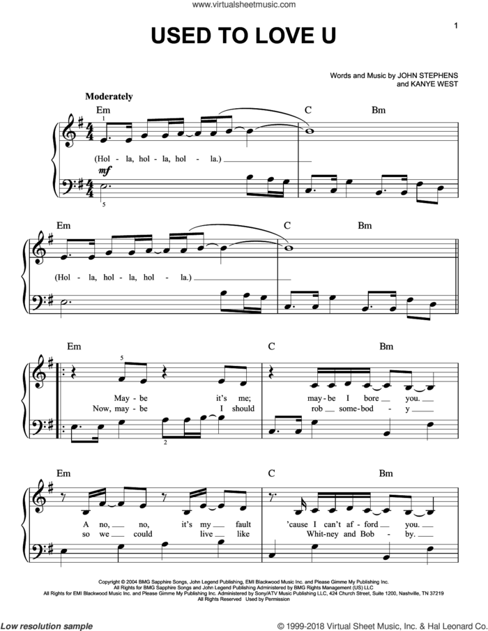 Used To Love U sheet music for piano solo by John Legend, John Stephens and Kanye West, easy skill level