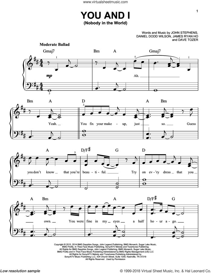 You And I (Nobody In The World), (easy) sheet music for piano solo by John Legend, Daniel Dodd Wilson, Dave Tozer, James Ryan Ho and John Stephens, easy skill level