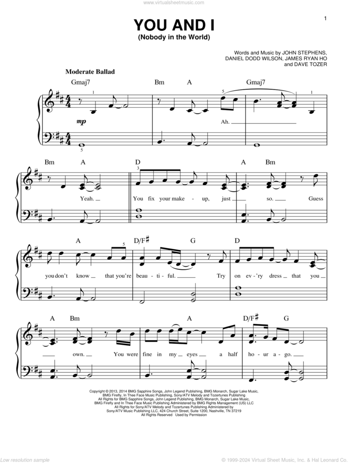 You And I (Nobody In The World), (easy) sheet music for piano solo by John Legend, Daniel Dodd Wilson, Dave Tozer, James Ryan Ho and John Stephens, easy skill level