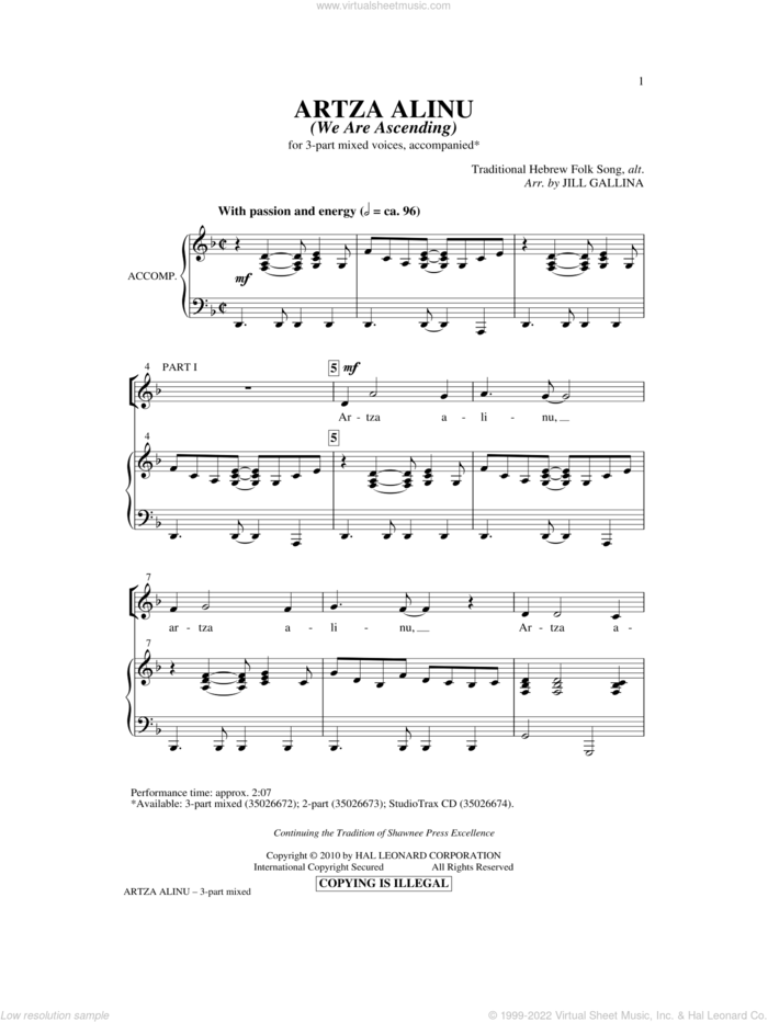 Artza Alinu sheet music for choir (3-Part Mixed) by Jill Gallina, intermediate skill level