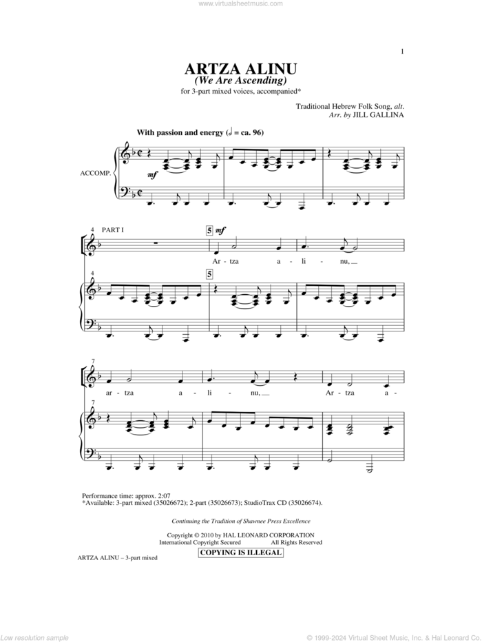 Artza Alinu sheet music for choir (3-Part Mixed) by Jill Gallina, intermediate skill level