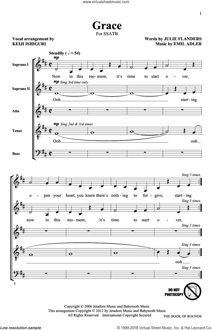 Grace sheet music for choir (SATB: soprano, alto, tenor, bass) by Keiji Ishiguri, Emil Adler and Julie Flanders, intermediate skill level