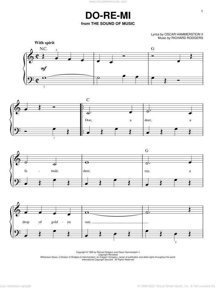 Do-Re-Mi sheet music for piano solo by Rodgers & Hammerstein, Oscar II Hammerstein and Richard Rodgers, beginner skill level