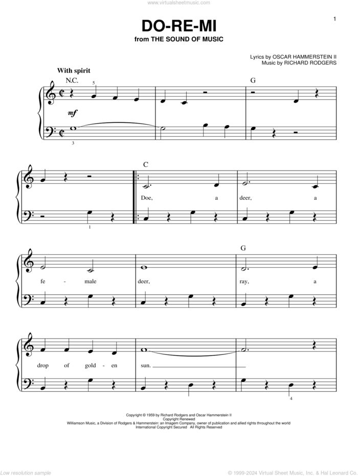 Do-Re-Mi sheet music for piano solo by Rodgers & Hammerstein, Oscar II Hammerstein and Richard Rodgers, beginner skill level