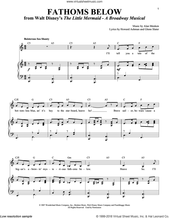 Fathoms Below sheet music for voice and piano by Alan Menken, Glenn Slater and Howard Ashman, intermediate skill level