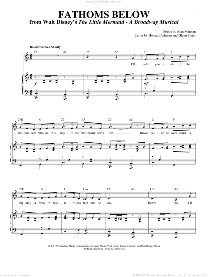 Fathoms Below sheet music for voice and piano by Alan Menken, Glenn Slater and Howard Ashman, intermediate skill level