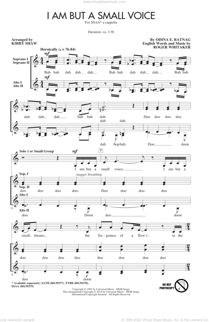I Am But A Small Voice sheet music for choir (SSA: soprano, alto) by Kirby Shaw, Odina E. Batnag and Roger Whitaker, intermediate skill level