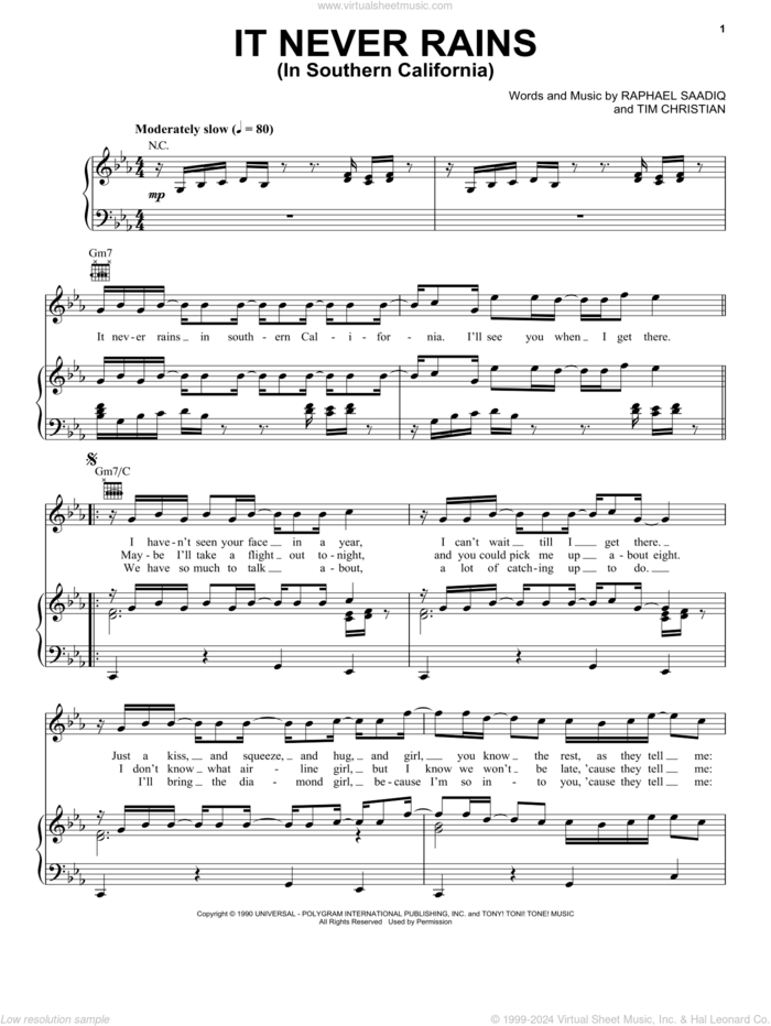 It Never Rains (In Southern California) sheet music for voice, piano or guitar by Albert Hammond, Raphael Saadiq, Tim Christian and Tony! Toni! Tone!, intermediate skill level