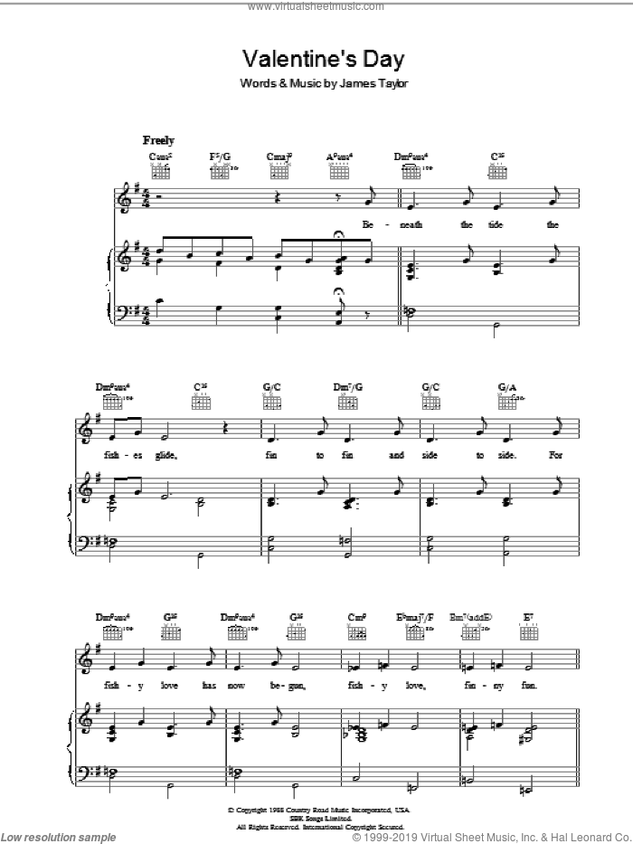 Valentine's Day sheet music for voice, piano or guitar by James Taylor, intermediate skill level