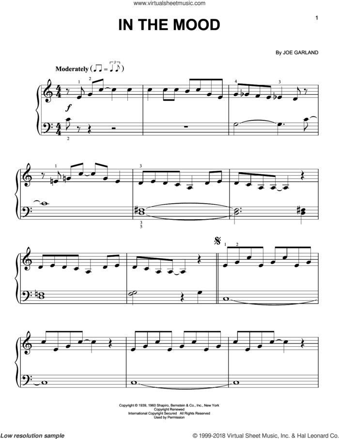 In The Mood, (beginner) sheet music for piano solo by Glenn Miller & His Orchestra and Joe Garland, beginner skill level