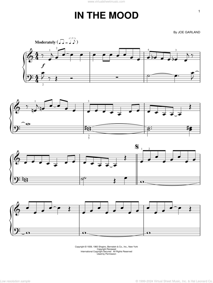 In The Mood sheet music for piano solo by Glenn Miller & His Orchestra and Joe Garland, beginner skill level