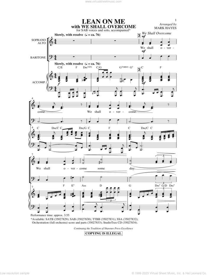 Lean On Me (with We Shall Overcome) sheet music for choir (SAB: soprano, alto, bass) by Mark Hayes and Bill Withers, intermediate skill level