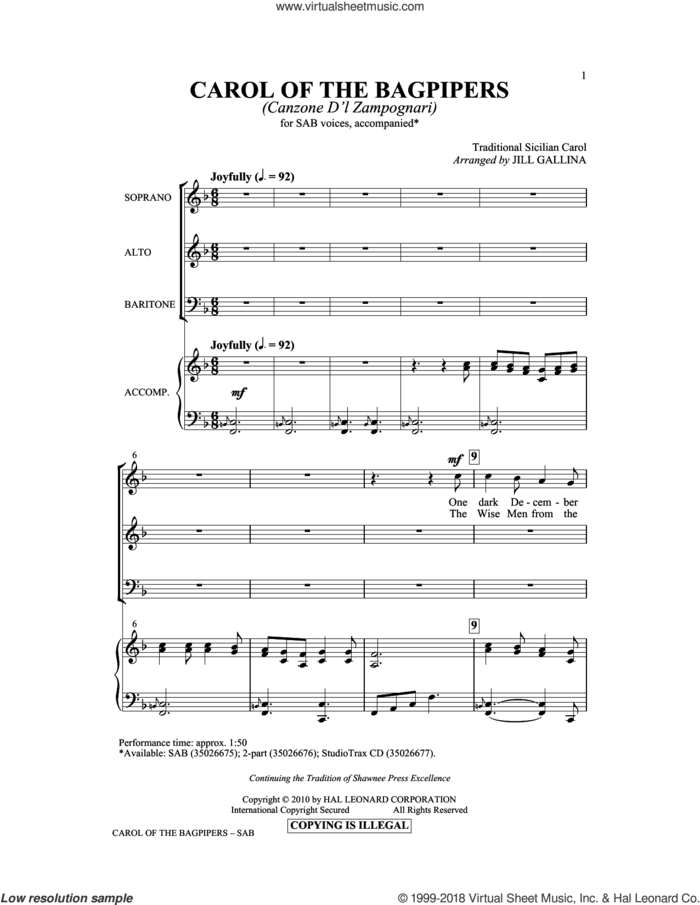 Carol Of The Bagpipers (Canzone D'l Zampognari) sheet music for choir (SAB: soprano, alto, bass) by Jill Gallina, intermediate skill level