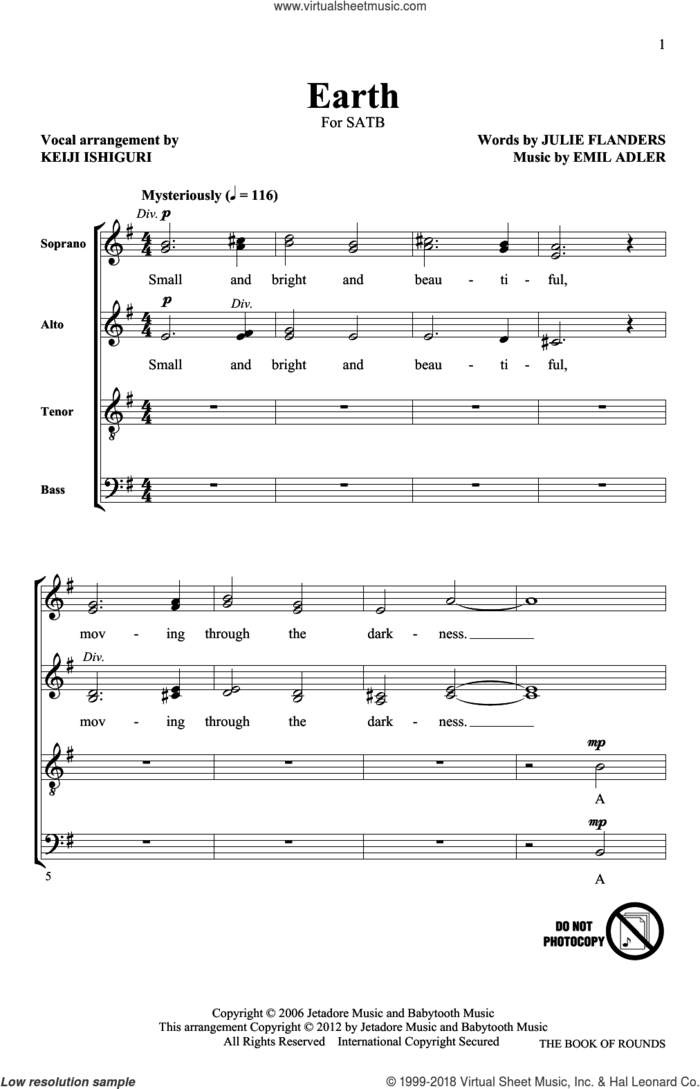 Earth sheet music for choir (SATB: soprano, alto, tenor, bass) by Keiji Ishiguri, Emil Adler, Julie Flanders and October Project, intermediate skill level