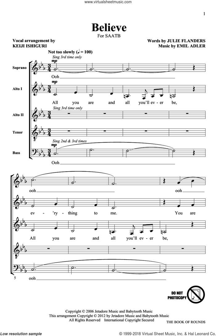 Believe sheet music for choir (SATB: soprano, alto, tenor, bass) by Keiji Ishiguri, Emil Adler and Julie Flanders, intermediate skill level