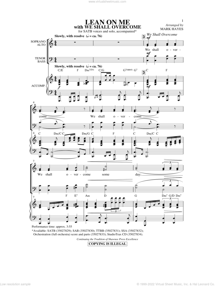 Lean On Me (with We Shall Overcome) sheet music for choir (SATB: soprano, alto, tenor, bass) by Mark Hayes and Bill Withers, intermediate skill level
