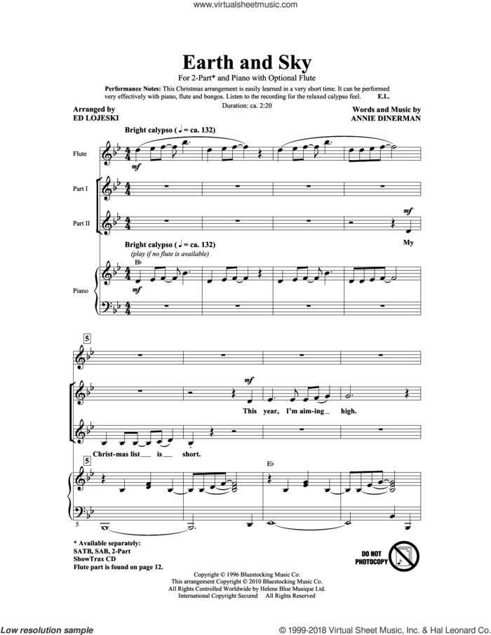 Earth And Sky sheet music for choir (2-Part) by Ed Lojeski and Annie Dinerman, intermediate duet