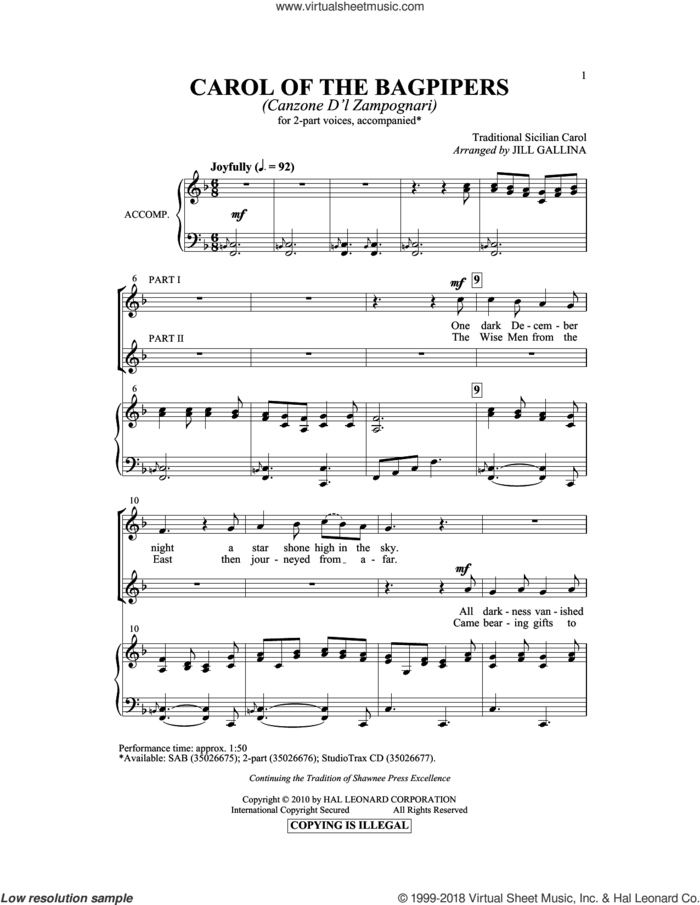 Carol Of The Bagpipers (Canzone D'l Zampognari) sheet music for choir (2-Part) by Jill Gallina, intermediate duet