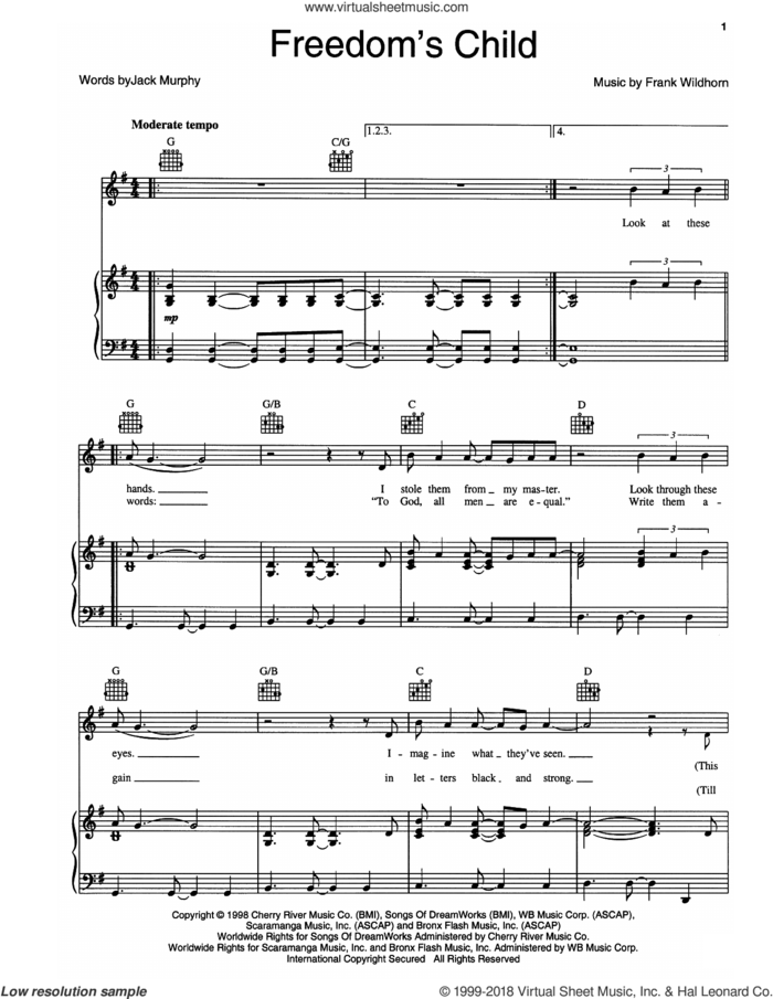 Freedom's Child sheet music for voice, piano or guitar by Jack Murphy and Frank Wildhorn, intermediate skill level