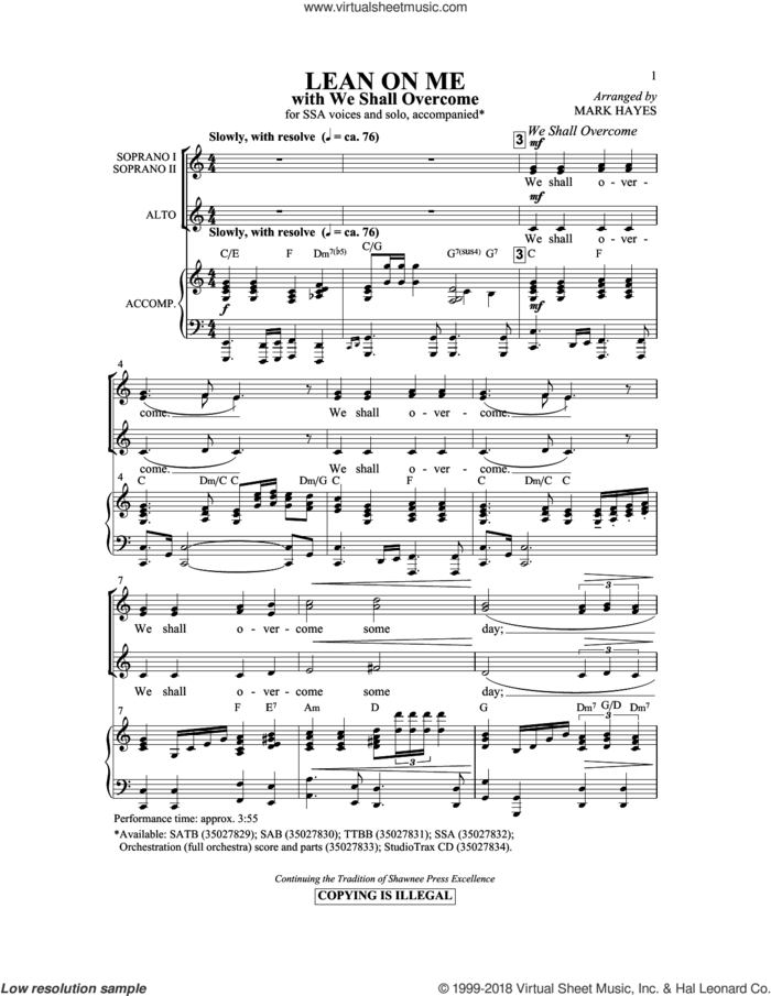 Lean On Me (with We Shall Overcome) sheet music for choir (SSA: soprano, alto) by Mark Hayes and Bill Withers, intermediate skill level