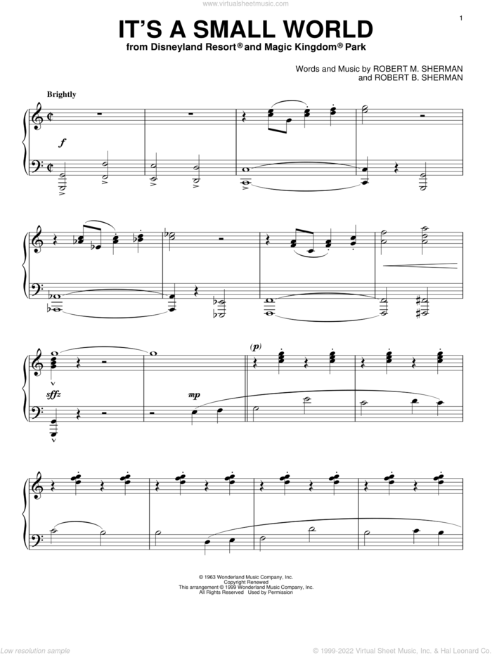 It's A Small World sheet music for piano solo by Sherman Brothers, Richard M. Sherman and Robert B. Sherman, intermediate skill level