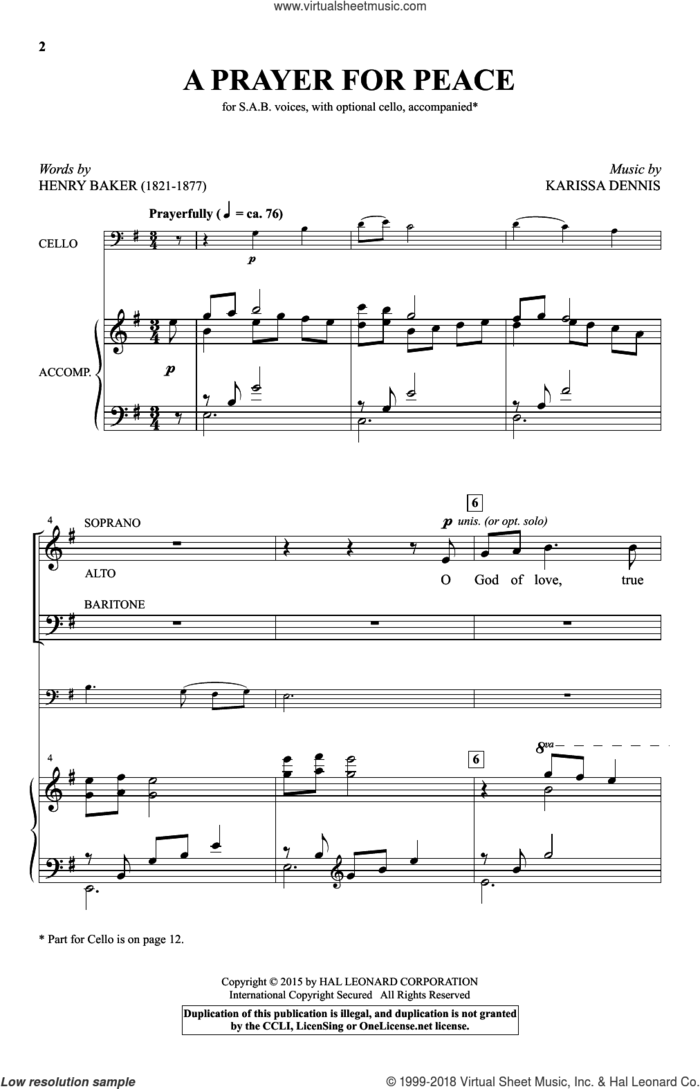 A Prayer For Peace sheet music for choir (SAB: soprano, alto, bass) by Karissa Dennis, Henry Baker and Henry W. Baker, intermediate skill level