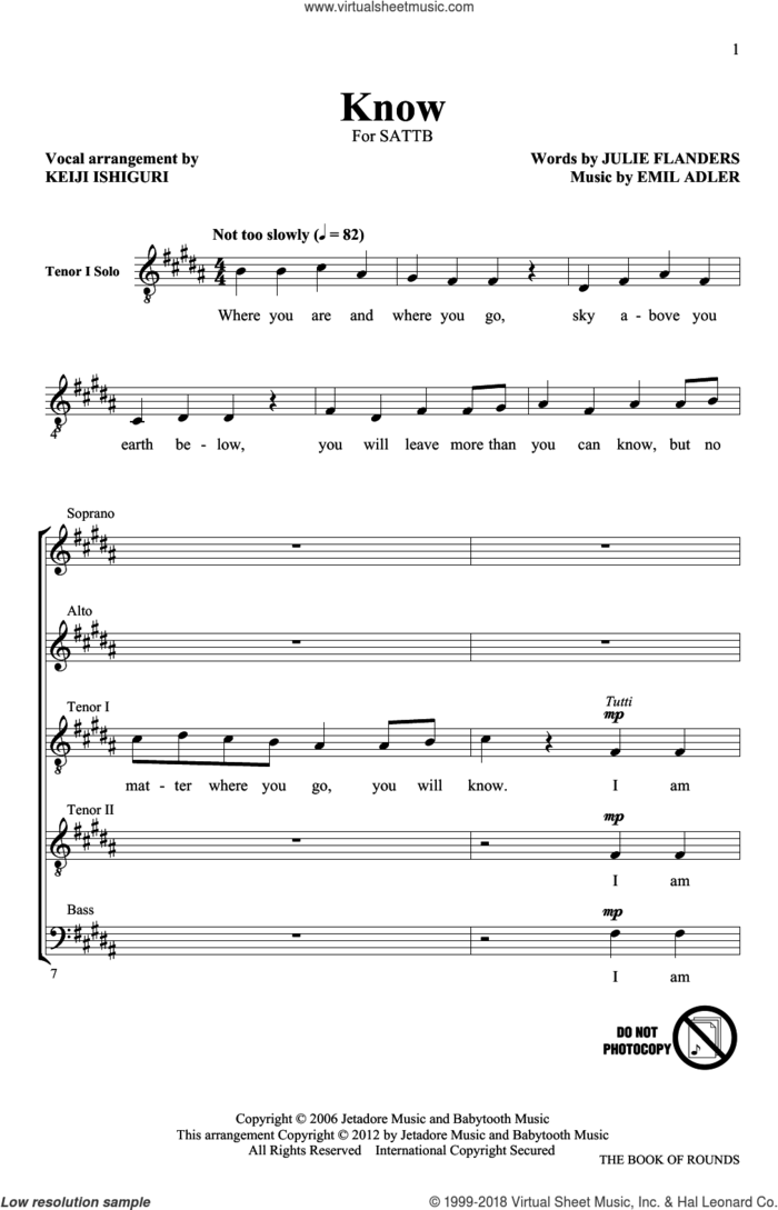 Know sheet music for choir (SATB: soprano, alto, tenor, bass) by Keiji Ishiguri, Emil Adler, Julie Flanders and October Project, intermediate skill level