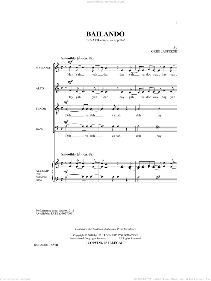 Bailando sheet music for choir (SATB: soprano, alto, tenor, bass) by Greg Jasperse, intermediate skill level