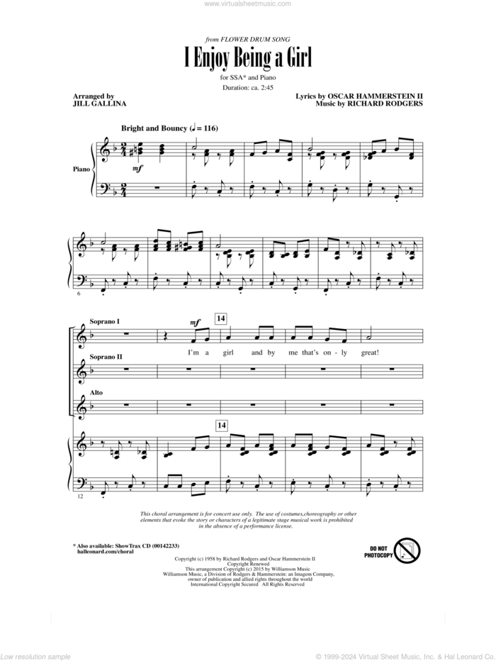 I Enjoy Being A Girl sheet music for choir (SSA: soprano, alto) by Richard Rodgers, Jill Gallina, Oscar II Hammerstein and Rodgers & Hammerstein, intermediate skill level