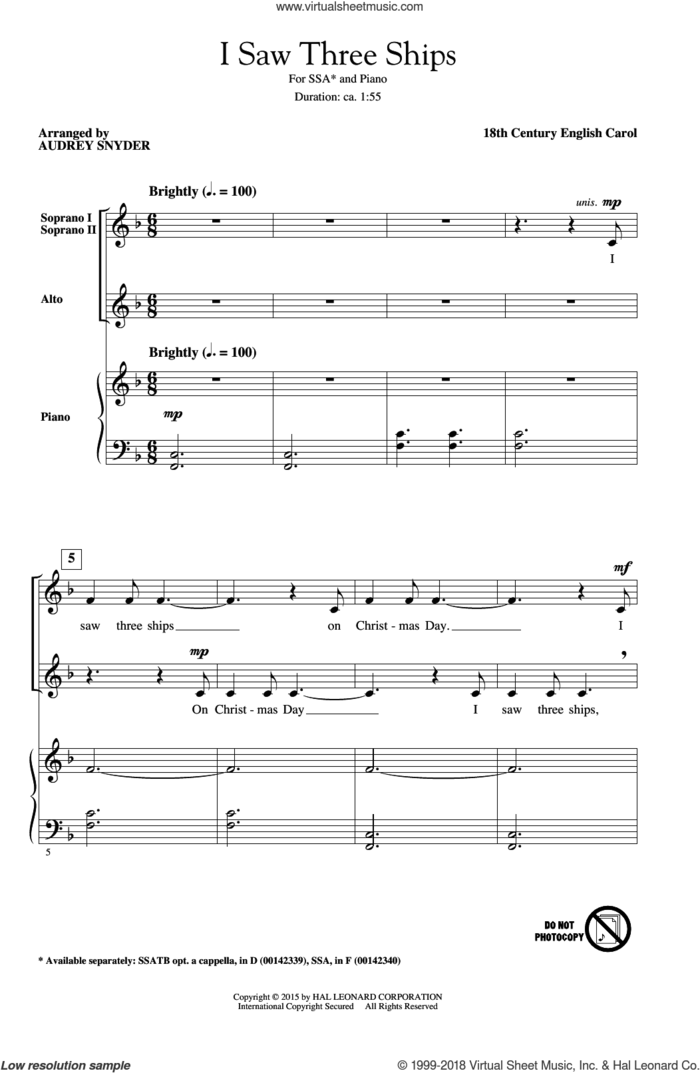 I Saw Three Ships sheet music for choir (SSA: soprano, alto) by Audrey Snyder, intermediate skill level